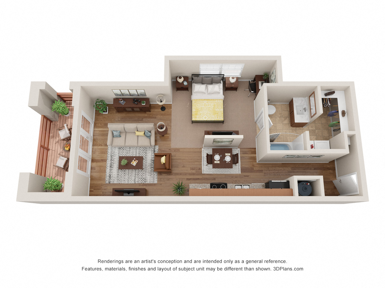 Floor plan for studio, 1 bath, 697 sqft